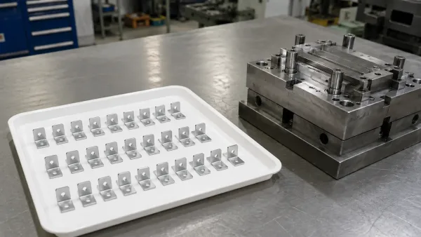 A small batch of aluminum sheet metal brackets on a tray next to a stamping die showing low-volume tooling cost imbalance