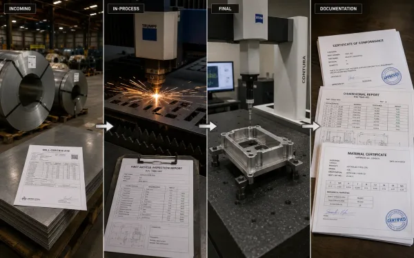 Four-stage manufacturing inspection process from incoming material verification through in-process checks, final CMM measurement, and documentation