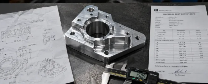 Precision machined metal part on inspection table with caliper and engineering drawing representing manufacturing quality requirements