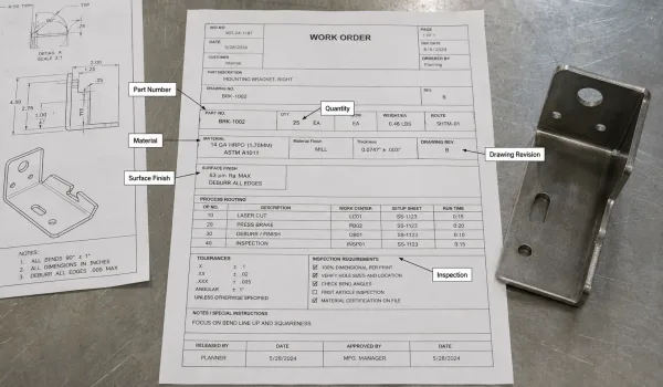 Key fields on a manufacturing work order for custom sheet metal production