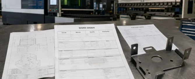 Manufacturing work order with engineering drawing and sheet metal production documents