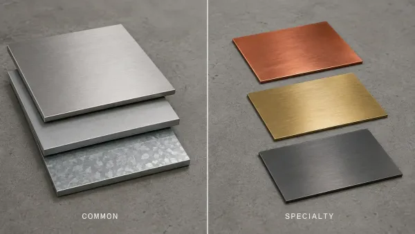 Comparison of common vs specialty metal sheet materials showing availability and sourcing time differences