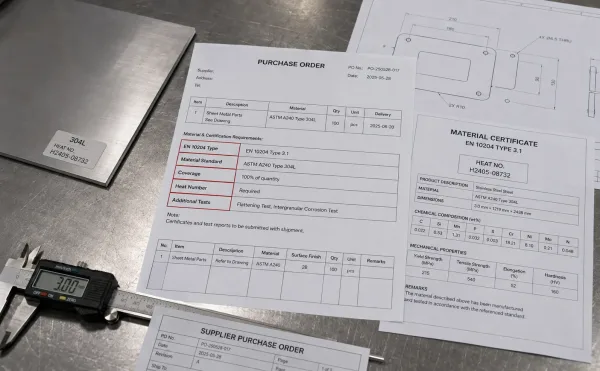 Material certificate requirements specified on a sheet metal purchase order