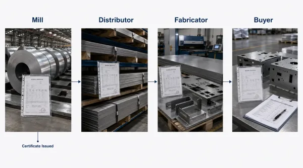 Material certificate flow from rolling mill to distributor fabricator and buyer