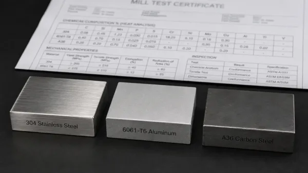 Three labeled metal alloy samples — 304 stainless steel, 6061-T6 aluminum, and A36 carbon steel — with a mill test certificate
