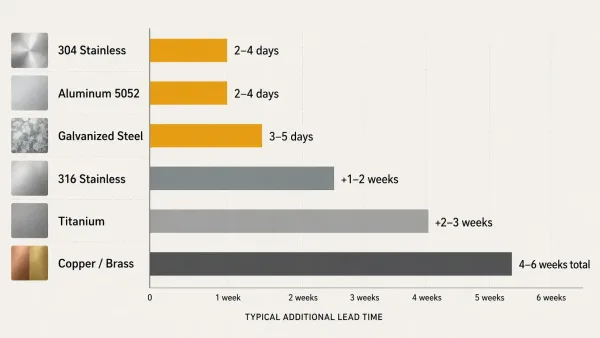 Bar chart comparing sourcing lead times for different perforated sheet metal materials from 304 stainless to copper