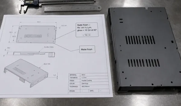 Engineering drawing callout for matte finish with Ra and gloss unit requirements