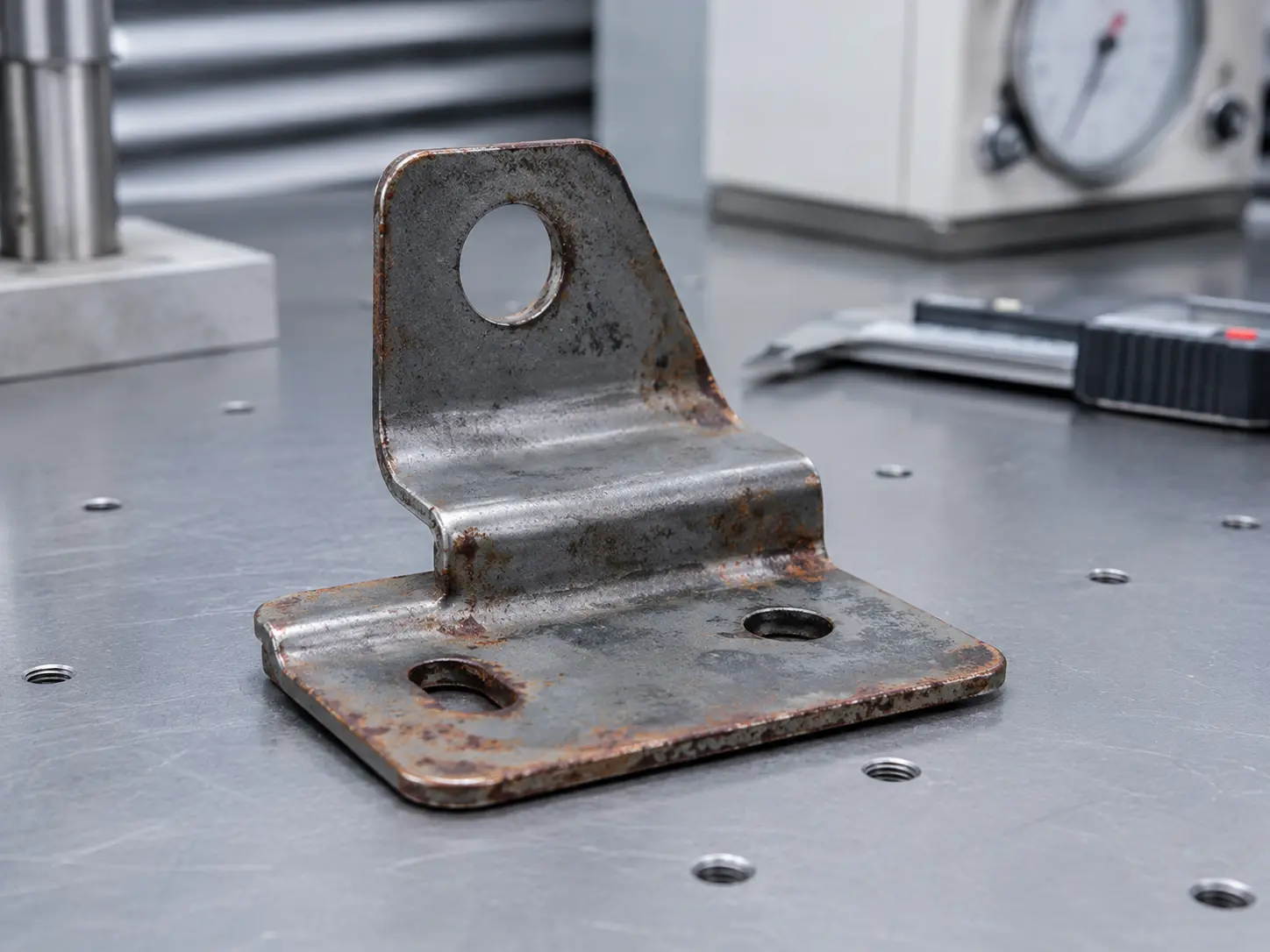 Unplated steel bracket showing rust and oxidation risk