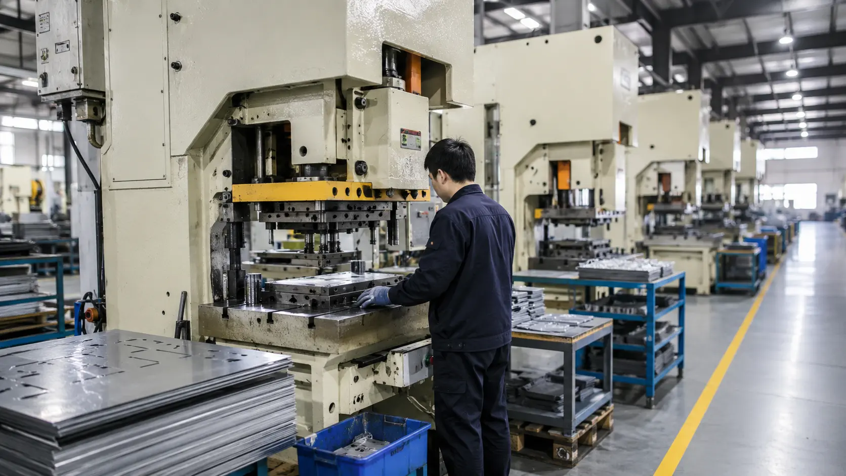 metal-stamping-press-production-line Metal stamping press production line in a sheet metal manufacturing workshop