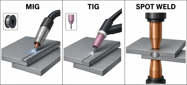 Three-panel comparison showing MIG welding, TIG welding, and resistance spot welding on sheet metal lap joints