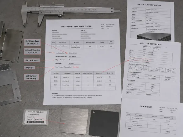 Mill certificate requirements specified on a sheet metal purchase order