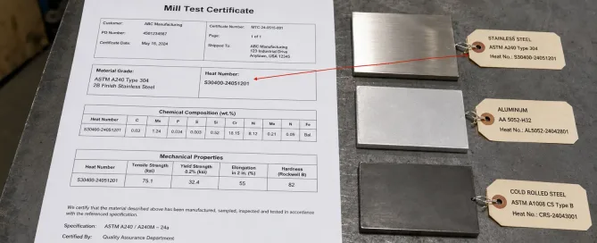 Mill certificate and sheet metal material traceability documentation