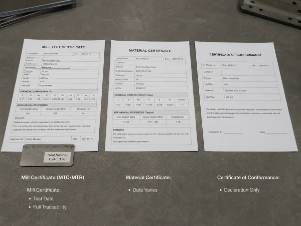 Mill certificate, material certificate, and certificate of conformance comparison