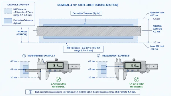 Cross-section diagram comparing mill tolerance range and fabrication tolerance for a nominal 4mm steel sheet