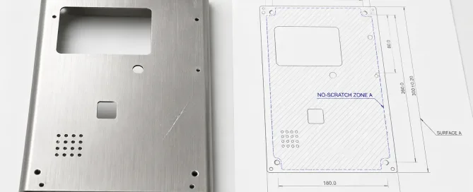 No-scratch area callout on a brushed stainless steel sheet metal drawing