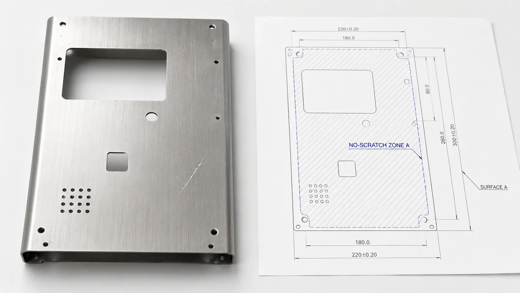 No-scratch area callout on a brushed stainless steel sheet metal drawing