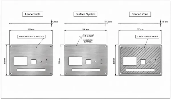Three ways to mark no-scratch zones on sheet metal drawings