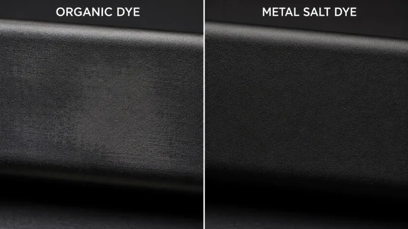 Close-up comparison of black anodized surfaces showing organic dye result versus metal salt dye result after UV exposure