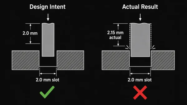Diagram comparing intended 2.0 mm sheet metal fit versus actual 2.15 mm out-of-tolerance part failing to fit in a 2.0 mm slot