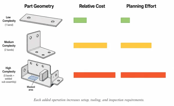 Chart illustrating how increasing part complexity in sheet metal fabrication drives higher cost and longer lead time