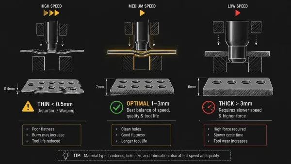 Technical diagram showing the optimal sheet thickness range of 1mm to 3mm for fastest perforated metal production