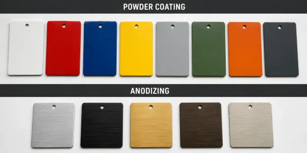 Color swatches comparing powder coating RAL color range with anodizing metallic finish tones on aluminum