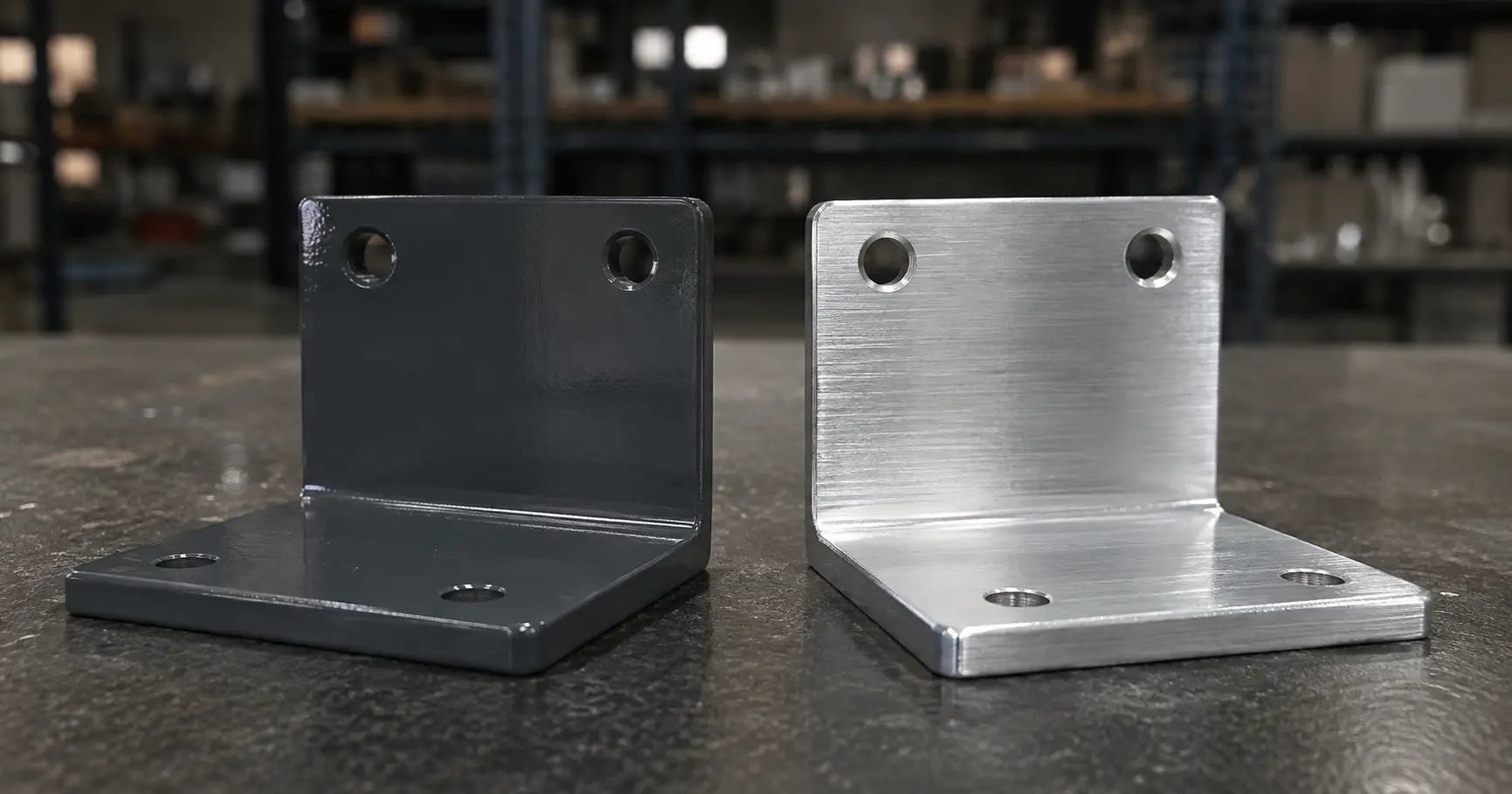 Powder coated and anodized aluminum sheet metal brackets side by side on a workshop bench