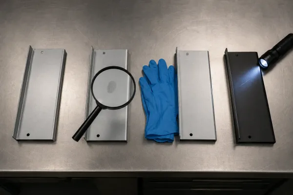 Four-stage pre-shipment inspection setup showing dryness check, residue detection, glove handling, and coating integrity inspection of sheet metal parts