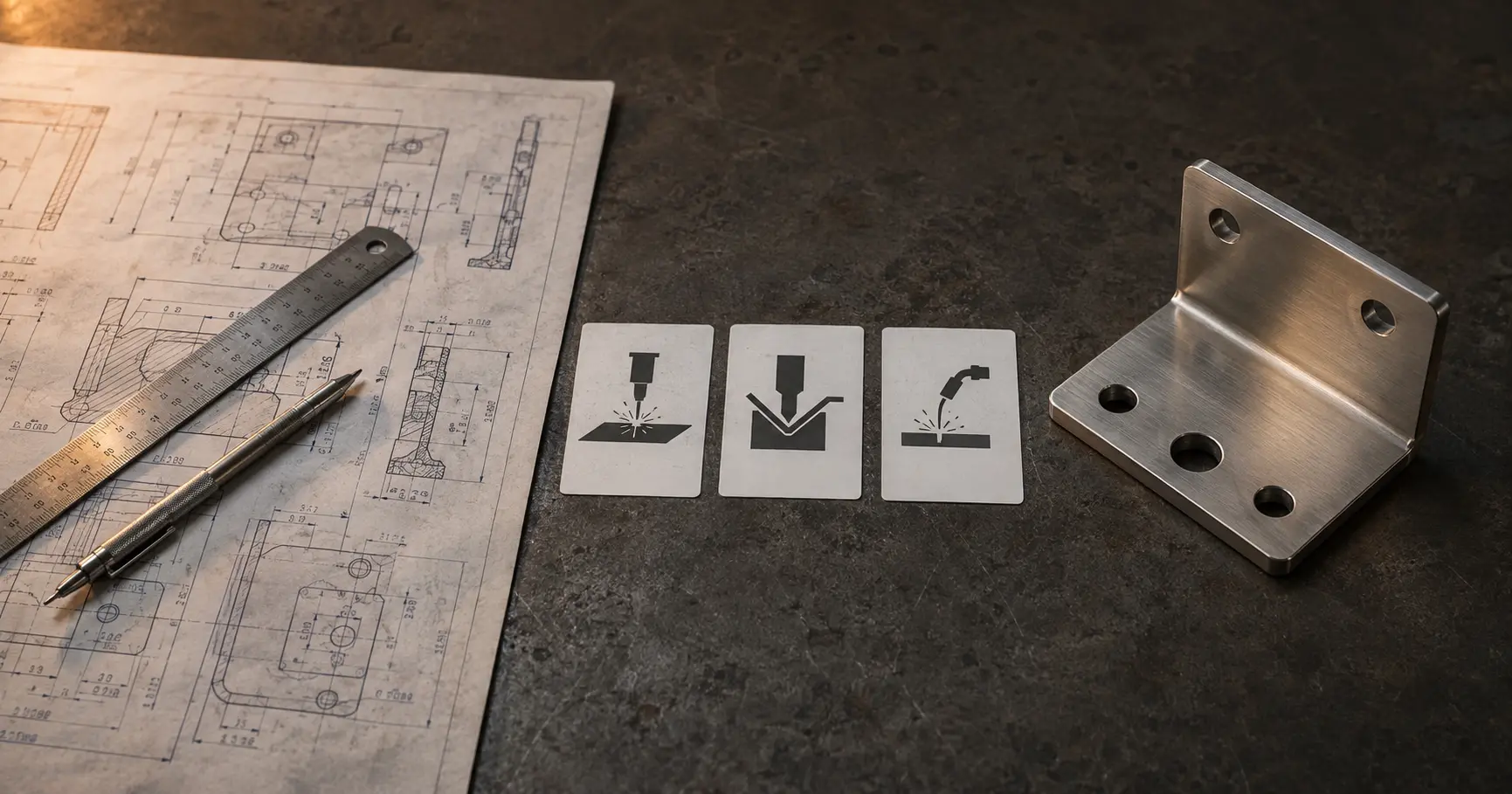 Manufacturing process planning workflow showing an engineering drawing transforming into a fabricated sheet metal part