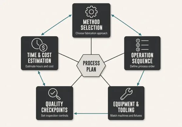 Diagram showing the five interconnected decision areas in manufacturing process planning: method selection, operation sequencing, equipment and tooling, quality checkpoints, and cost estimation