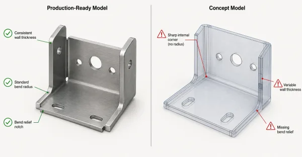 Side-by-side comparison of a production-ready sheet metal model with correct bend parameters and a concept model with manufacturing issues highlighted