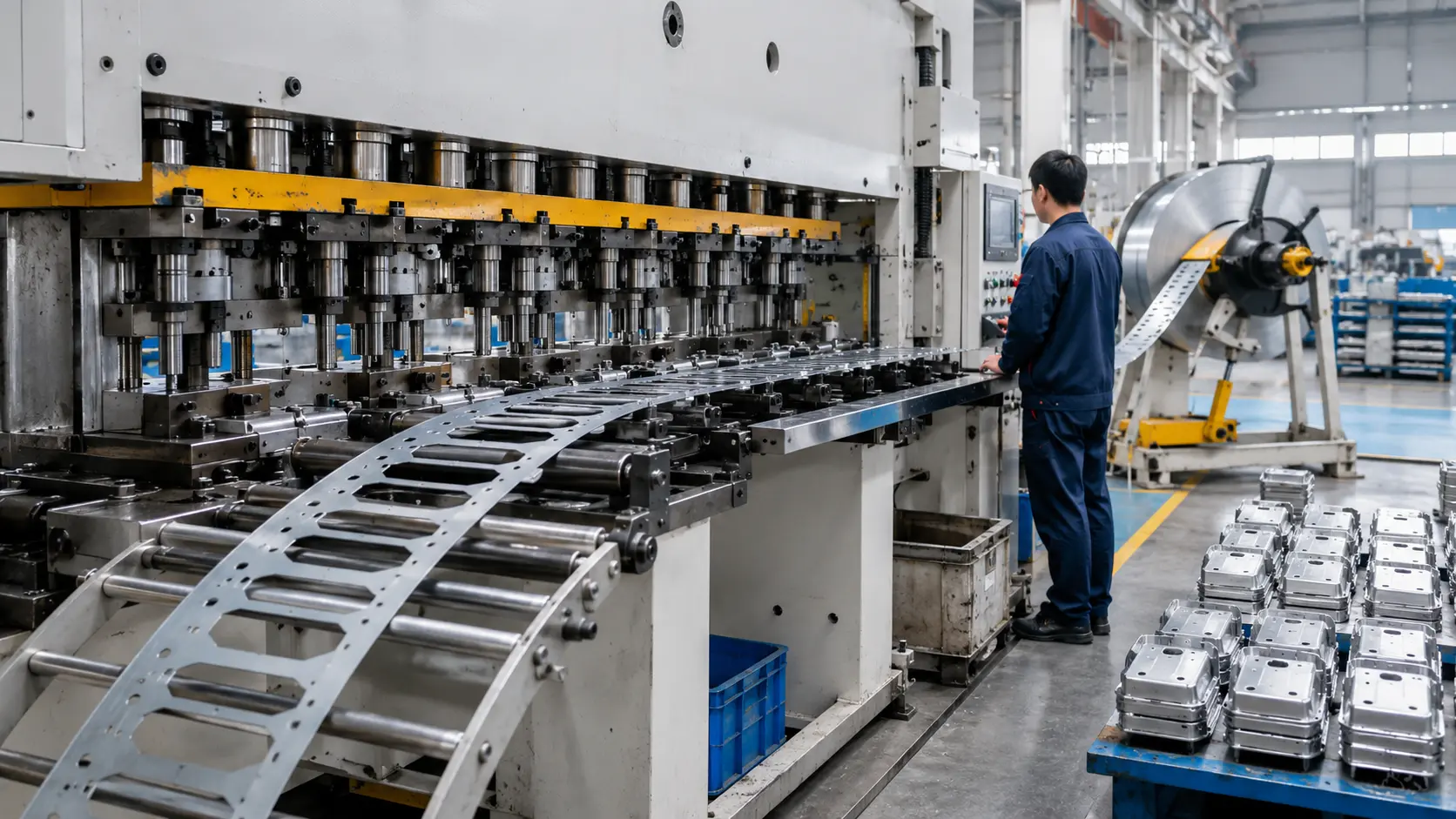 Progressive die stamping process with strip feed for high-volume production