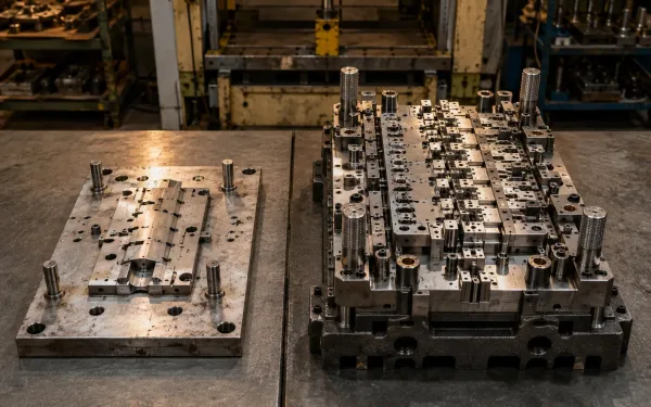 Side-by-side comparison of a simplified prototype stamping die and a hardened production stamping die showing differences in construction, surface finish, and tooling material