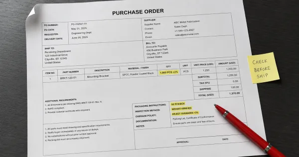 A sample purchase order document with highlighted quantity specifications including tolerance, packaging count, and verification method