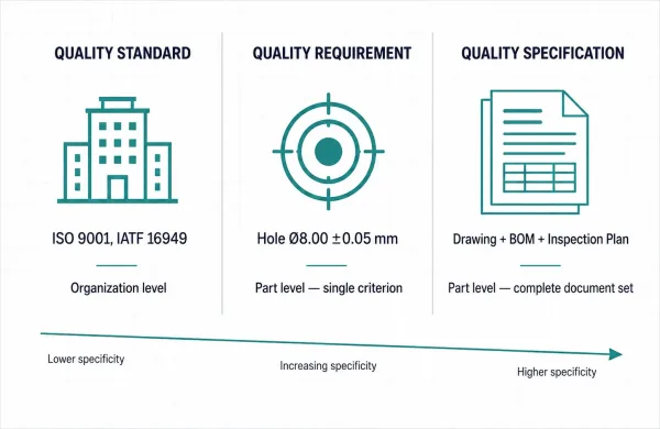 Comparison diagram distinguishing quality standard, quality requirement, and quality specification by level, scope, and example
