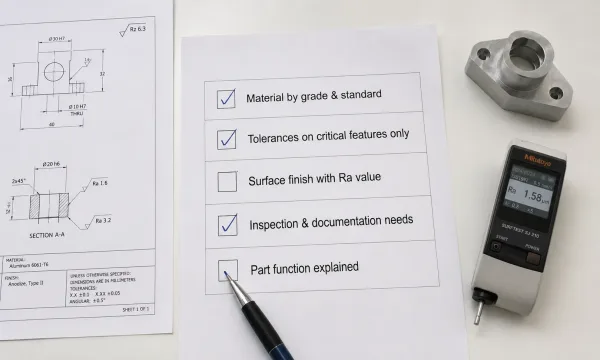 Overhead view of a quality requirements checklist on a workbench with engineering drawing and inspection tools