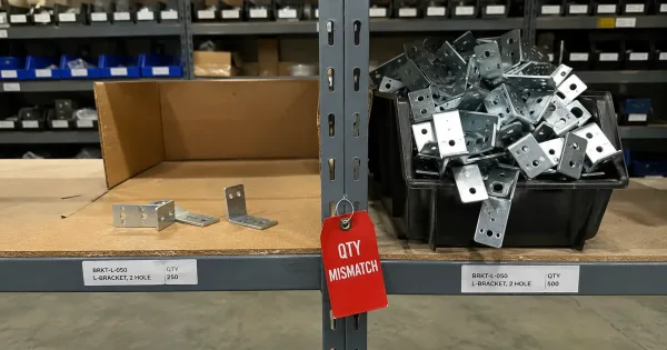 A warehouse shelf with an empty gap next to an overflowing bin of extra sheet metal parts, showing the result of quantity errors