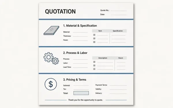 An annotated breakdown of a manufacturing quotation document showing its three key sections — material details, process breakdown, and commercial terms