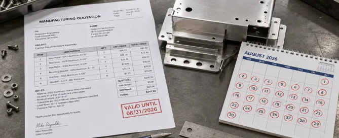 A printed manufacturing quote document next to CNC machined sheet metal parts with a 30-day calendar highlighted on the desk