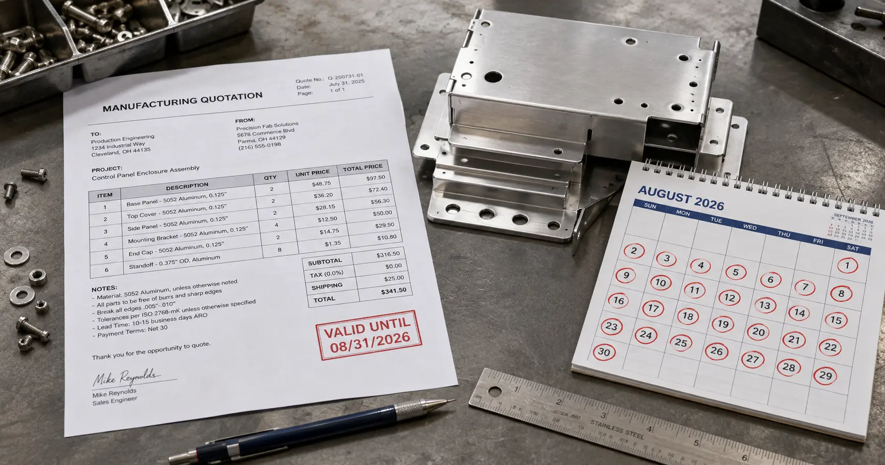 A printed manufacturing quote document next to CNC machined sheet metal parts with a 30-day calendar highlighted on the desk