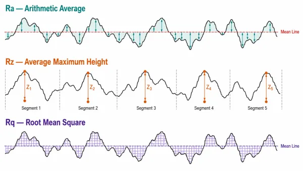 Diagram comparing Ra, Rz, and Rq roughness measurement methods on the same surface profile