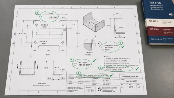 Engineering drawing specification checklist showing complete material, tolerance, weld, finish, and assembly callouts