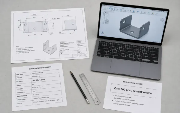 A flat lay showing the essential components of a complete RFQ package — 2D dimensioned drawing, 3D CAD file preview, material specification sheet, and quantity list