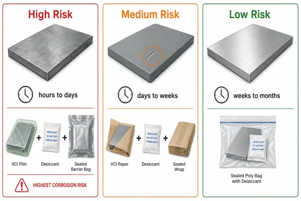 Infographic comparing high, medium, and low corrosion risk levels for sheet metal surfaces with recommended protection methods