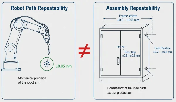 Comparison diagram of robot path repeatability at ±0.05mm versus assembly repeatability at ±0.3 to ±0.5mm