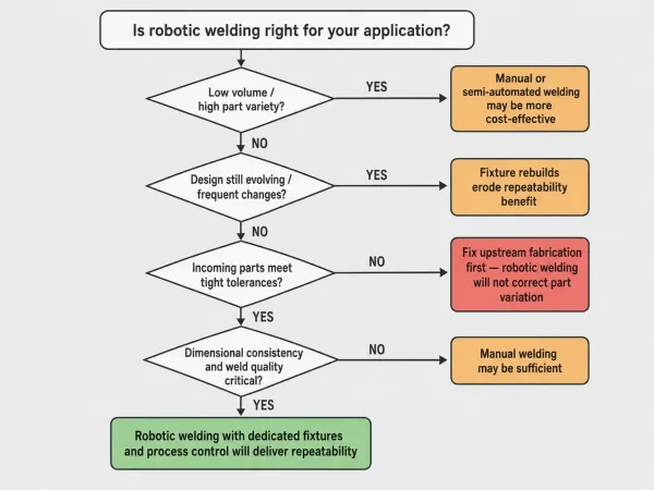 Decision flowchart determining whether robotic welding is appropriate based on volume, design stability, part quality, and consistency requirements