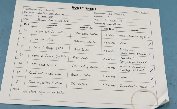 Close-up of a filled route sheet form showing operation numbers, descriptions, work centers, and inspection columns