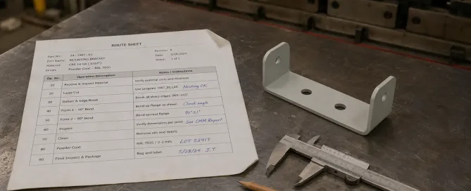 A printed route sheet document on a metal workbench next to a laser-cut and bent sheet metal bracket with calipers
