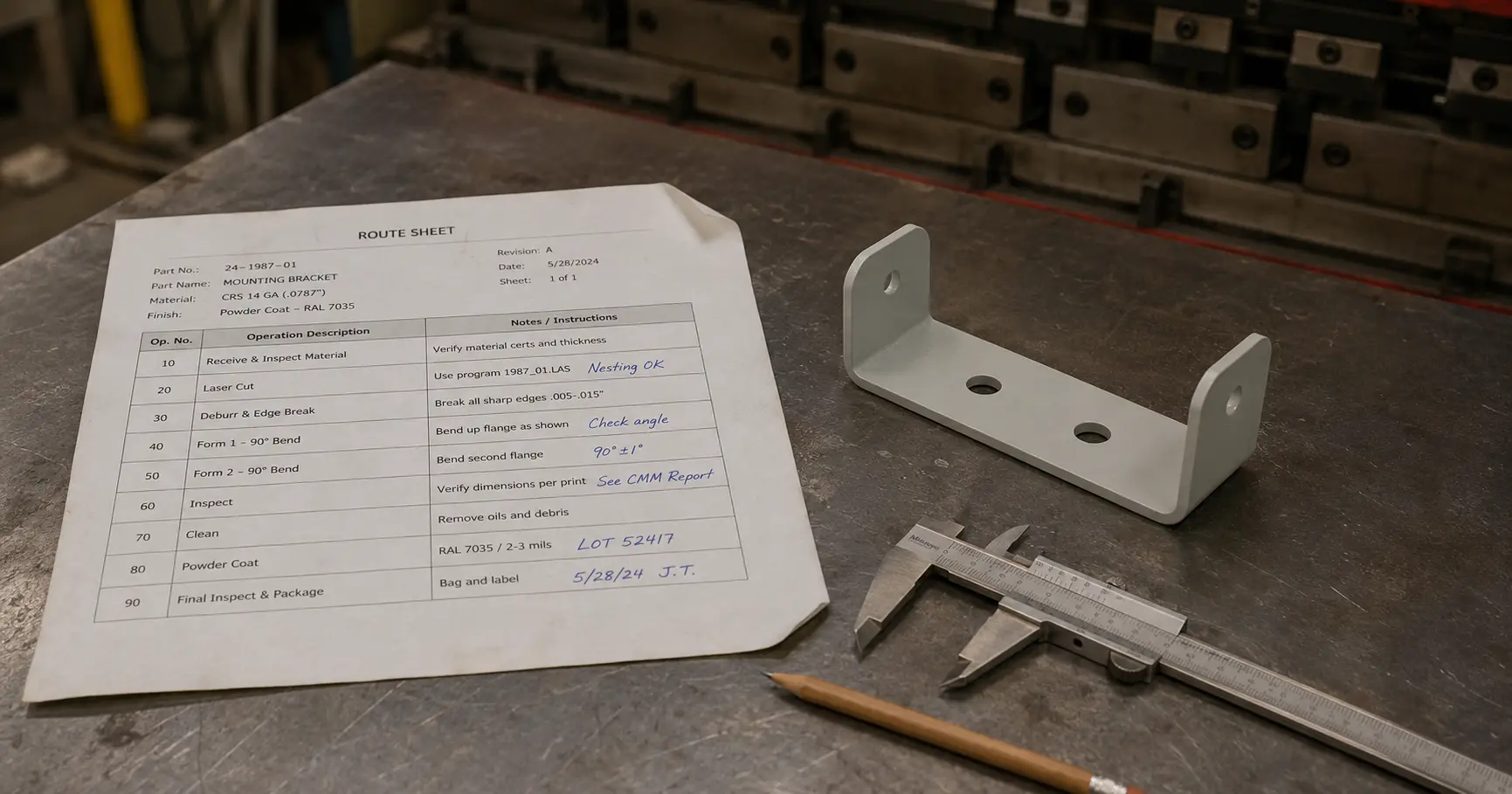 A printed route sheet document on a metal workbench next to a laser-cut and bent sheet metal bracket with calipers