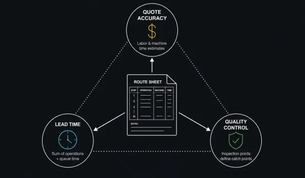 Diagram showing how a route sheet impacts three key areas: quote accuracy, lead time, and quality control